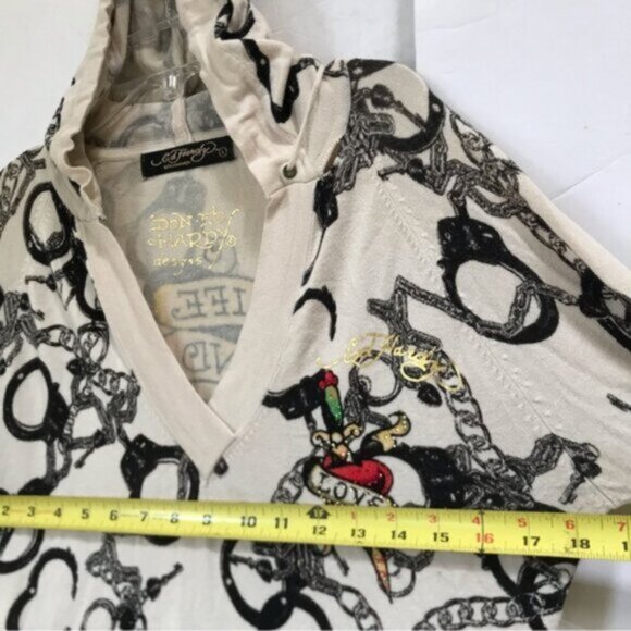 Ed Hardy RARE Vintage Y2K Hoodie Handcuffs Tattoo Crystal Knit Top Sweater L - Picture 15 of 16